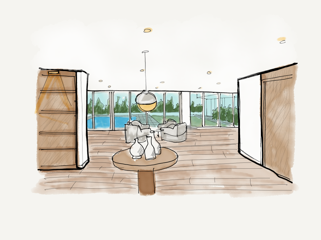 Interior Digital Sketch Rendering, Estrondo Residence, Entry Hall