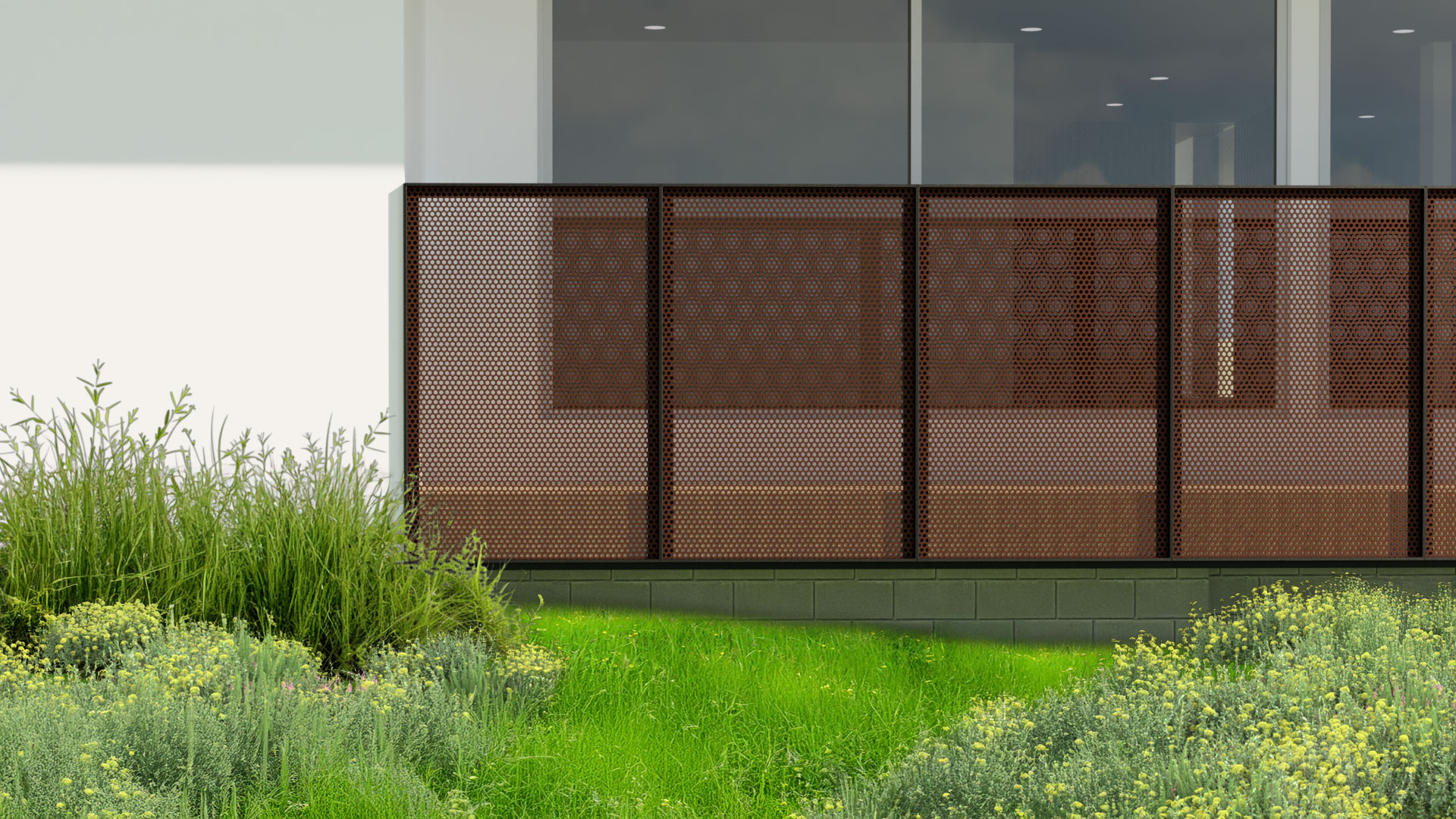 Exterior rendered view of a custom fabricated perforated metal guardrail for a modern house in Encino California.
